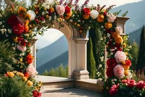 ein Hochzeit Bogen dekoriert mit Blumen und Berge. KI-generiert foto