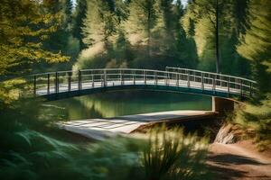 ein Brücke Über ein Teich im das Wald. KI-generiert foto