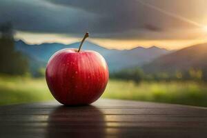 ein Apfel sitzt auf ein Tabelle im Vorderseite von ein Berg. KI-generiert foto