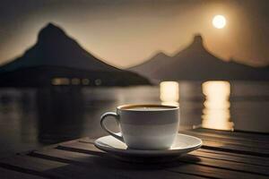 Kaffee Tasse auf das Tabelle mit Berge im das Hintergrund. KI-generiert foto