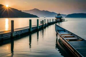 ein Boot angedockt beim das Ende von ein Seebrücke beim Sonnenuntergang. KI-generiert foto
