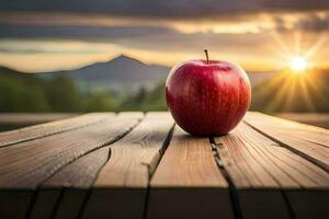 ein Apfel sitzt auf ein hölzern Tabelle im Vorderseite von ein Sonnenuntergang. KI-generiert foto