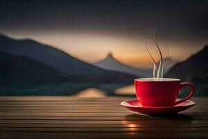 Kaffee Tasse auf das Tabelle mit Berge im das Hintergrund. KI-generiert foto