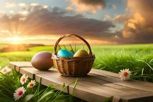 Ostern Eier im ein Korb auf ein hölzern Bank im ein Feld. KI-generiert foto