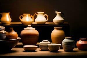 ein Sammlung von Keramik Vasen und Schalen. KI-generiert foto