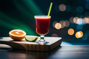 ein Glas von Saft mit ein Orange Scheibe auf ein hölzern Schneiden Tafel. KI-generiert foto