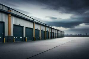 ein groß Warenhaus mit dunkel Wolken im das Hintergrund. KI-generiert foto