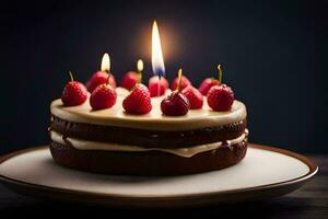 ein Geburtstag Kuchen mit Kerzen und Himbeeren. KI-generiert foto