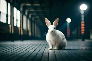 Weiß Hase Sitzung auf ein Backstein Fußboden im ein dunkel Zimmer. KI-generiert foto