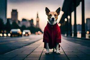 ein Hund tragen ein rot Mantel Stehen auf ein Straße. KI-generiert foto