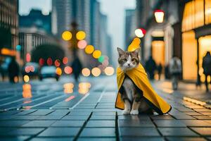 ein Katze tragen ein Gelb Kap auf ein Stadt Straße. KI-generiert foto