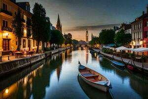 ein Boot ist angedockt auf ein Kanal im ein Stadt beim Sonnenuntergang. KI-generiert foto