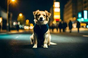 ein Hund Sitzung auf das Straße beim Nacht. KI-generiert foto