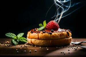 ein Gebäck mit Schokolade und Himbeeren auf ein hölzern Tisch. KI-generiert foto