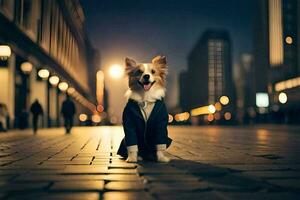 ein Hund im ein passen und Krawatte Stehen auf ein Straße beim Nacht. KI-generiert foto