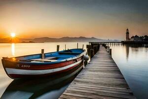 ein Boot angedockt beim das Seebrücke beim Sonnenuntergang. KI-generiert foto