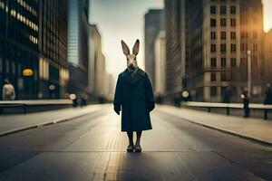 ein Hase tragen ein Mantel und Stehen im das Mitte von ein Stadt Straße. KI-generiert foto