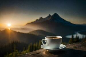 ein Tasse von Kaffee auf ein Berg oben. KI-generiert foto