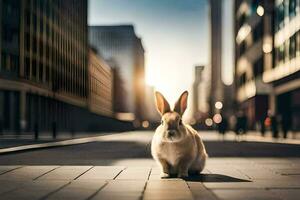 ein Hase ist Sitzung auf das Boden im ein Stadt. KI-generiert foto