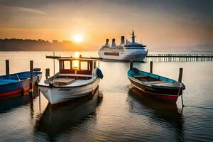 Boote angedockt beim das Seebrücke beim Sonnenuntergang mit ein Kreuzfahrt Schiff. KI-generiert foto