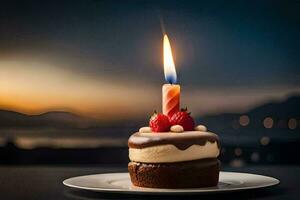 ein Schokolade Geburtstag Kuchen mit ein zündete Kerze. KI-generiert foto