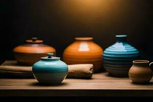 ein Gruppe von bunt Keramik Vasen auf ein Tisch. KI-generiert foto