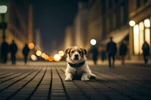 ein Hund Sitzung auf das Straße beim Nacht. KI-generiert foto