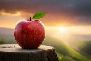 ein Apfel ist Sitzung auf oben von ein Stumpf mit das Sonne Rahmen hinter Es. KI-generiert foto