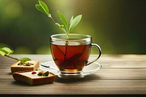 ein Tasse von Tee mit ein Grün Pflanze auf ein hölzern Tisch. KI-generiert foto