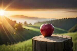 ein Apfel auf ein Stumpf im das Sonnenuntergang. KI-generiert foto