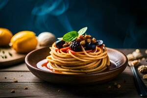 Spaghetti mit Nüsse und Beeren auf ein hölzern Tisch. KI-generiert foto