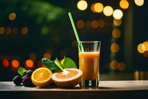 ein Glas von Orange Saft mit ein Stroh und Frucht. KI-generiert foto