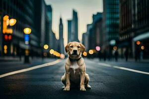 ein Hund Sitzung auf das Straße im ein Stadt. KI-generiert foto