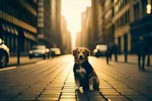 ein Hund Sitzung auf das Straße im ein Stadt. KI-generiert foto