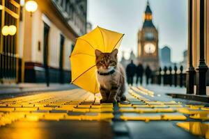 ein Katze mit ein Regenschirm Gehen Nieder ein Straße. KI-generiert foto