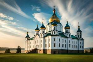 das Kirche von das heilig Kreuz im das Dorf von Krasnogorsk, kaz. KI-generiert foto