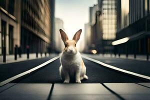 ein Hase ist Sitzung auf das Straße im ein Stadt. KI-generiert foto