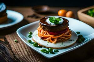 ein Teller mit ein Fleisch und Pasta Gericht auf Es. KI-generiert foto