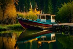 ein Boot angedockt auf ein Dock im das Mitte von ein See. KI-generiert foto