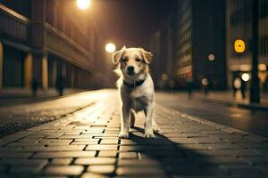 ein Hund Stehen auf ein Backstein Straße beim Nacht. KI-generiert foto