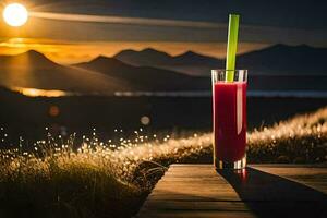 ein Glas von Saft mit ein Stroh Sitzung auf ein hölzern Tabelle im Vorderseite von ein Sonnenuntergang. KI-generiert foto