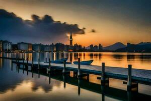 ein Seebrücke mit Boote im das Wasser beim Sonnenuntergang. KI-generiert foto