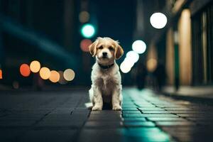 ein Hund Sitzung auf das Straße beim Nacht. KI-generiert foto