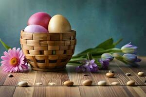Ostern Eier im ein Korb auf ein hölzern Tisch. KI-generiert foto