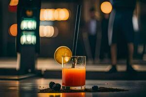 ein Glas von Orange Saft mit ein Scheibe von Zitrone auf das Tisch. KI-generiert foto