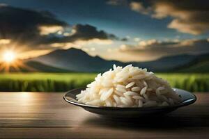 Reis im ein Schüssel auf ein Tisch. KI-generiert foto