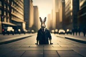 ein Hase im ein passen und Krawatte Stehen im das Mitte von ein Stadt Straße. KI-generiert foto