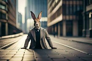 ein Hase tragen ein passen und Krawatte Sitzung auf das Straße. KI-generiert foto
