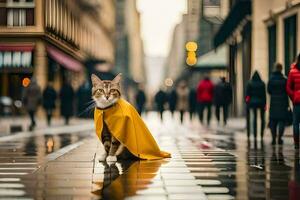 ein Katze tragen ein Gelb Kap auf ein regnerisch Tag. KI-generiert foto