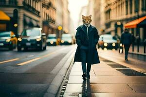 ein Fuchs tragen ein Maske Spaziergänge Nieder ein Stadt Straße. KI-generiert foto